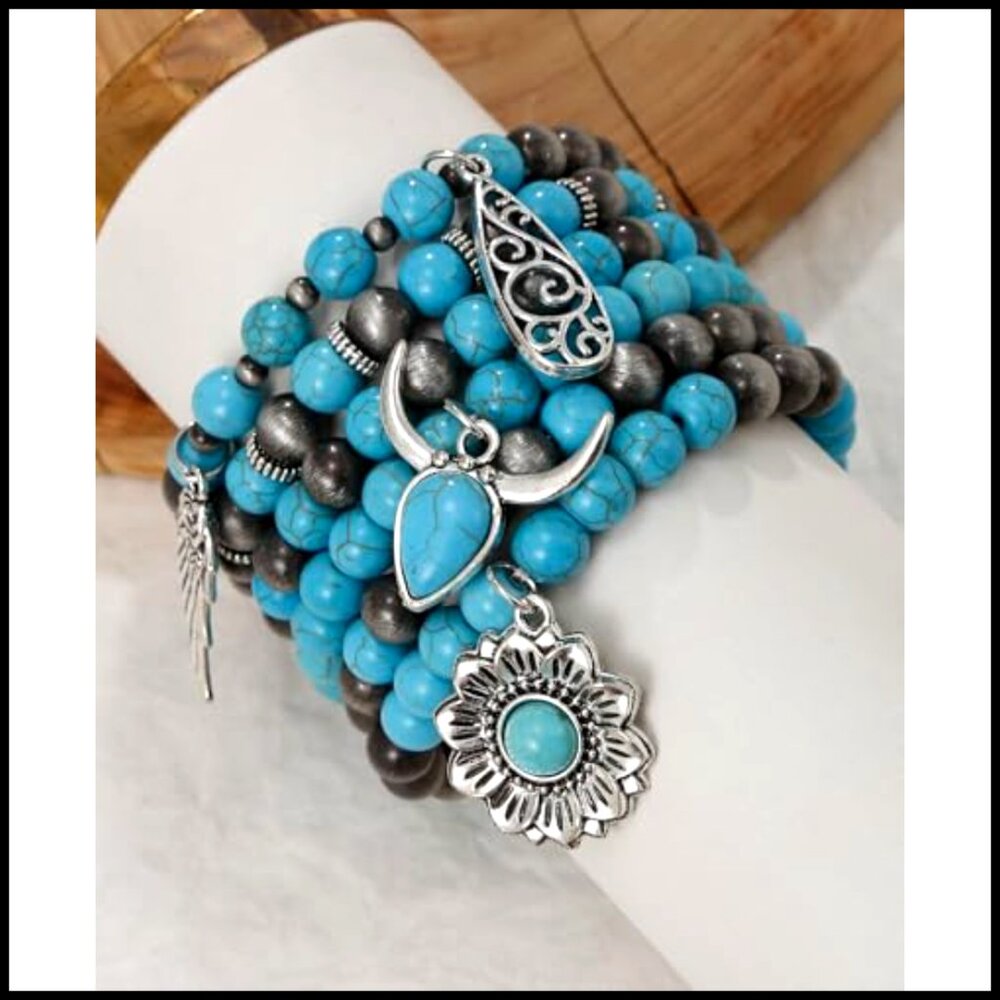 Turquoise Bead Stretch Bracelets Set Western Boho… - image 3